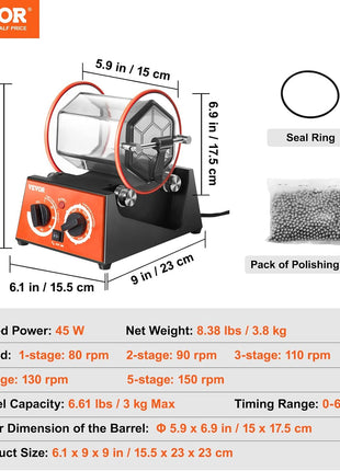 VEVOR Jewelry Polisher Tumbler, 6.6lbs/3kg Capacity Mini Rotary Tumbler Machine with 0-60 Minutes Timer, 5 Speeds Jewelry Rotary Finisher for Surface Polishing Grinding Buffing Gemstones Jewels Coins