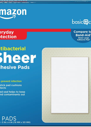 Amazon Basic Care Sheer Adhesive Pad Bandages for Minor Cuts, Scrapes and Wounds, Extra Large 3 x 4 in, Non-Stick Pad, 30 Count