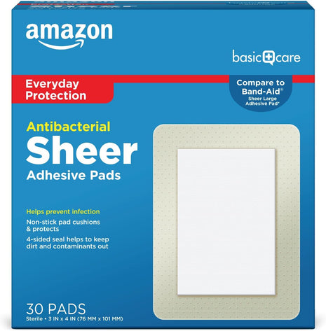 Amazon Basic Care Sheer Adhesive Pad Bandages for Minor Cuts, Scrapes and Wounds, Extra Large 3 x 4 in, Non-Stick Pad, 30 Count