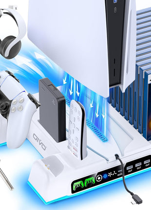 PS5/Slim/Pro Stand and Cooling Station with LED Controller Charging Station for PlayStation 5 Console, Controller Charger, Cooling Stand, PS5/Slim/Pro Accessories Kit with 3 Level Cooler Fan