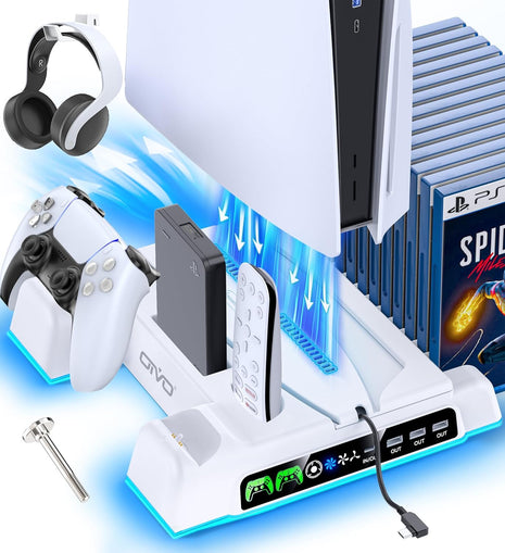 PS5/Slim/Pro Stand and Cooling Station with LED Controller Charging Station for PlayStation 5 Console, Controller Charger, Cooling Stand, PS5/Slim/Pro Accessories Kit with 3 Level Cooler Fan