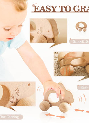 let's make Wooden Baby Rattle 3 PCS Push Car Rattle Set Crochet Rattle Ring Wooden Montessori Toy for Newborn Infant Baby Gifts (Rabbit Rattle)