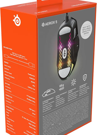 SteelSeries Aerox 5 - Holey RGB Gaming Mouse - Ultra-lightweight Water Resistant Design - 18K DPI TrueMove Air Optical Sensor | TrueMove Air sensor with 9 buttons and 66g weight for precision, speed and durability