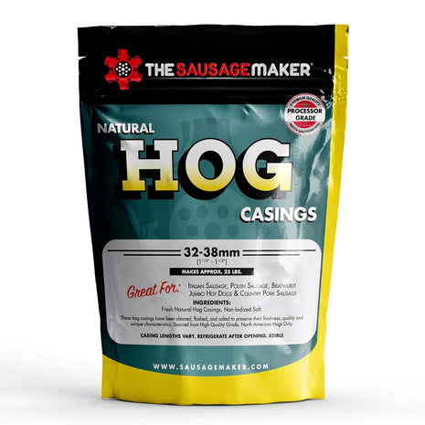The Sausage Maker® Natural Hog Sausage Casings 32-38mm, Edible Casing For Sausage Making, Stuff Over 25 Lbs Meat, Breakfast, Italian, Polish, Bratwurst, Hot Dog, Pork Links, 1.2-1.5 inch Dia, Home Pack-1
