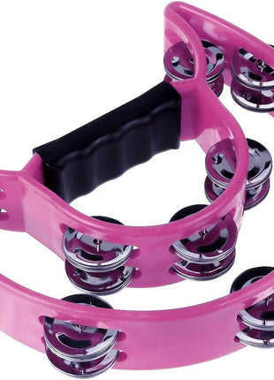 Half Moon Musical Tambourine Double Row Metal Jingles Hand Held Percussion Drum Multicolor (Pink) for KTV Party with Ergonomic Handle Grip