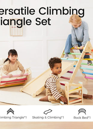 Tiny Land Pikler Triangle Set, 7-in-1 Foldable Climbing Toys Set for Kids | Baby Indoor Playground Jungle Gym, Wooden Montessori Climbing Set for Toddler,Ideal Gift for Kids (Rainbow)