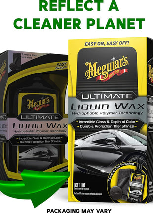 Meguiar's Ultimate Liquid Wax, Improved Liquid Car Wax Formula for Durable Protection that Shines, Premium Towel and Applicator Pad Car Accessories Included, 16 Oz Bottle