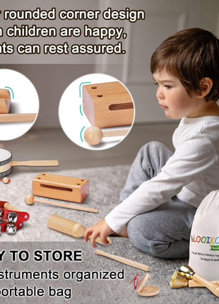 LOOIKOOS Montessori Natural Wooden Musical Instruments Set for Toddlers Preschool Educational Percussion Toys with Storage Bag, Safe Early Learning Toys for Boys Girls (3+)