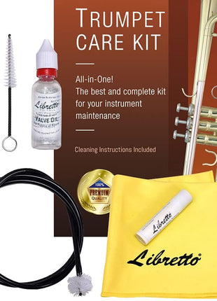 Libretto Trumpet (Cornet) All-Inclusive Care Kit w/Instructions: Valve Oil+Slide Grease+Cleaning Cloth+Mouthpiece/Valve/Bore Brushes, Giftable Handy Case, Time to Clean & Extend Life of Your Trumpet!