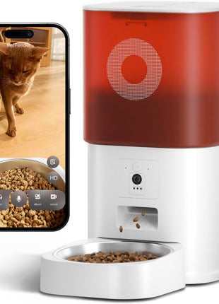 Automatic Cat Feeder with Camera: 6L Automatic Dog Feeder with 2-Way Audio Night Vision Dual Power Supply App Control 2.4G WiFi, Timed Auto Cat Food Dispenser with Stainless Steel Bowl (White)