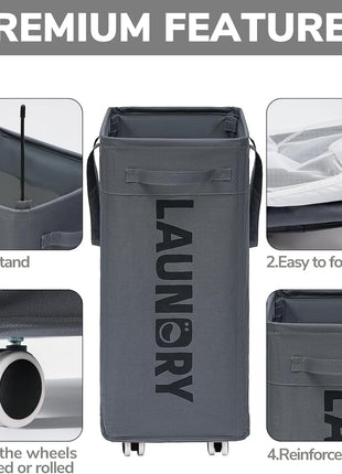 Goodpick Laundry Basket with Wheels, 75L Laundry Hamper, Dorm Room Essentials with Removable Wash Bag for Laundry Room, Rolling Laundry Basket with Handles, Grey
