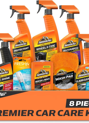 Armor All Premier Car Care Kit, Includes Car Wax & Wash Kit, Glass Cleaner, Car Air Freshener, Tire & Wheel Cleaner (8 Piece Kit)
