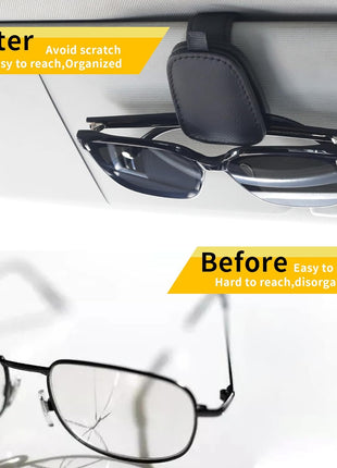 Yuoyar Sunglass Holder for Car, Magnetic Leather Sunglasses Holder and Ticket Card Clip, Car Visor Accessories, 2 Packs (Black)