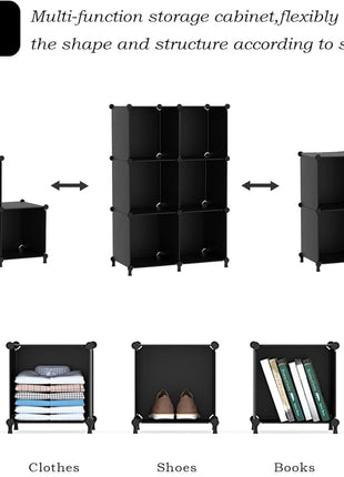 AWTATOS Cube Storage Organizer, Storage Cubes Shelves Bookshelf, 6 Cube Closet Organizers and Storage, DIY Stackable Plastic Clothes Organizer Shelving for Bedroom, Home, Black