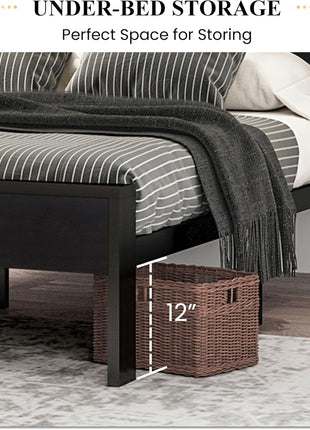 SHA CERLIN 14 Inch Queen Size Metal Platform Bed Frame with Wooden Headboard and Footboard, Mattress Foundation, No Box Spring Needed, Large Under Bed Storage, Non Slip Without Noise, Black Oak
