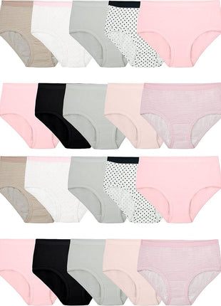Fruit of the Loom Girls' Tag Free Cotton Brief Underwear Multipacks, Brief-20 Pack-Black/Pink/Grey