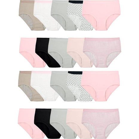 Fruit of the Loom Girls' Tag Free Cotton Brief Underwear Multipacks, Brief-20 Pack-Black/Pink/Grey
