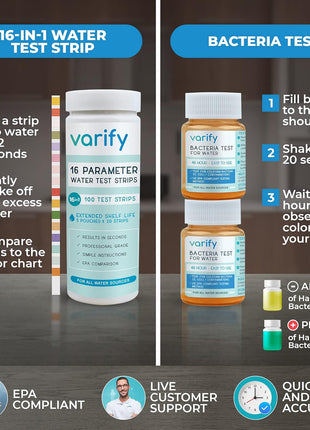 Varify 17in1 Complete Drinking Water Test Kit - 100 Strips  2 Bacteria Tester Kits - Well, Tap, Home, City Water Testing Strip for Lead, Alkaline, Chlorine, Hardness, Iron, Fluoride, Copper & More