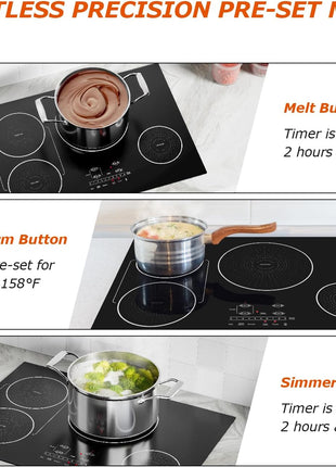 30 Inch Induction Cooktop 4 Burners, Flat Glass Top Electric Stove with Bridge-SYNC, 3 Preset Modes Booster, Timer, Pause, Child Lock, Drop in, 208~240V/40A, Black