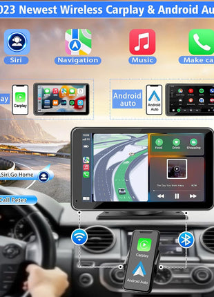 Portable Wireless with Apple CarPlay and Android Auto Screen for Car, 7" HD Touch Screen Car Stereo with Mirror Link, Bluetooth 5.2, Backup Camera, AUX,FM Transmitter for All Vehicle