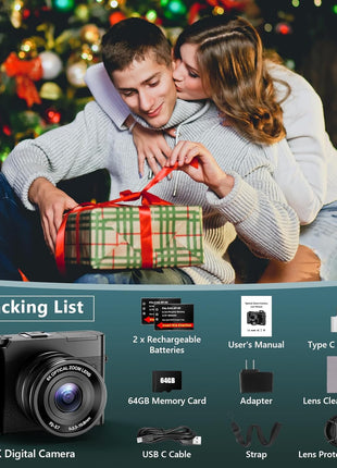 5K Digital Camera, 64MP Cameras for Photography with 6X Optical Zoom & Autofocus, WiFi Vlogging Camera for YouTube Video, Dual-Lens, 2 Batteries, 64GB Card & Flash, Best Cameras for Content Creators