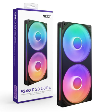 NZXT F240 RGB Core - 240mm Single-Frame RGB Fan Unit - Black | 240mm single-frame unit with two 120mm RGB fans on one cable. Speed and lighting controlled through CAM.