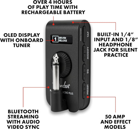 Fender Mustang Micro Plus Headphone Amplifier, Bluetooth Audio Streaming and 50 Amp and Effects Models, with 2 Year Warranty