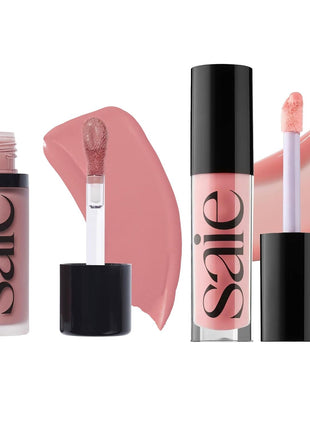 Saie Dewy Glow Duo - Dew Liquid Blush - (.40 oz, Lady), Glossybounce Lip Gloss-Oil Hybrid (.17 oz, Bubble) - Hydrating, Vegan Makeup for Radiant Cheeks & Lips