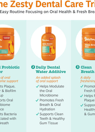 Zesty Paws Dental Trio System for Dogs – Breath Freshener + Dental Care – Water Additive, Dental Chews & Dental Powder – Teeth Cleaning, Tartar Remover, Healthy Mouth Support