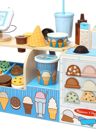 Melissa & Doug Cool Scoops Ice Creamery, Wooden Ice Cream Shop & Counter with Play Food & Play Kitchen Accessories, Preschool Learning Toys for Girls & Boys 3+ - FSC Certified
