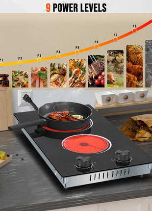 2 Burner Electric Cooktop 110V, 12 Inch Electric Cook Top Plug in, 2000W Electrics Stove with Knob Control, Countertop & Built-in Ceramic Stovetop, 9 Heating Level, Residual Heat Indicator