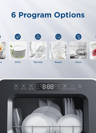 Portable Countertop Dishwasher, 7L Detachable Water Tank, 6 Programs,No Hookup Needed, 192°F Hi-Temp Hygiene, Hybrid Drying & Preserve Fuction, Mini/Small Dishwasher for RV & Apartment,Black