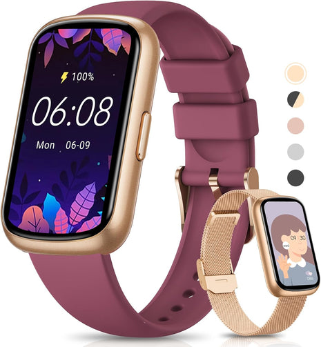 Fitness Trackers,Smart Watches for Men Women with 24/7 Heart Rate/Sleep Monitor, Fitness Watch with IP68 Waterproof, Health Activity Trackers for Android and iPhone Burgundy-Gold