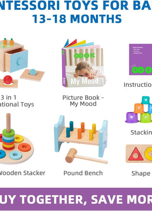 TOOKYLAND Montessori Toys for 1 Year Old, 8 in 1 Learning Educational Set | Wooden Toys Set (Includes Stacking Cups, 3-in-1 Educational Box, Pound Bench, Shape Puzzle and More)