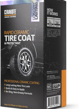 CERAKOTE Rapid Ceramic Tire Coat – Showroom New Tire Shine – Deep Tire Black Finish – Lasts Up to 10x Longer – No Sling, Non-Greasy Ceramic Tire Coating for Car, Truck & SUV – Easy Application (10oz)