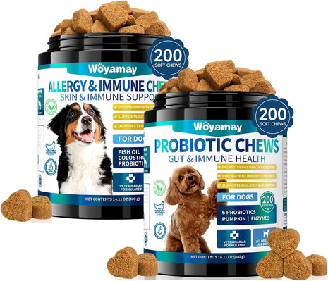 Dual-Action Dog Probiotics & Allergy Relief Chews - 200 Soft Treats for Gut Health, Itchy Skin, Diarrhea & Gas with Probiotics, Omega 3, Turmeric, Colostrum | Immune & Coat Support for Dogs
