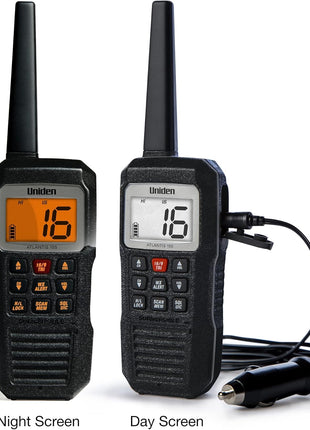 Uniden Atlantis 155 Handheld Two-Way VHF Marine Radio, Floating IPX8 Submersible Waterproof, Dual-Color Screen, All USA/International/Canadian Marine Channels, NOAA Weather Alert, 10 Hour Battery