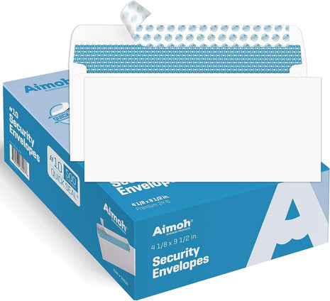 Aimoh 500#10 Security Self Seal Envelopes, Windowless, Premium Security Tint Pattern, Ultra Strong Quick Seal Closure, EnveGuard, Size 4-1/8 x 9-1/2 inch, White, 24LB, 500 Count(34010)