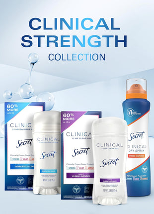 Secret Clinical Strength Invisible Solid Antiperspirant Deodorant for Women, 100HR Sweat & Odor Protection, 3X Stress Protection with Hyaluronic Acid, PH Balanced, Completely Clean Scent, 2.6 oz