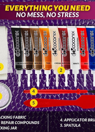 Coconix Leather & Vinyl Repair Kit | Fix Tears, Holes, Scratches, and Peeling on Leather and Vinyl Furniture, Car Seats, and Jackets | Easy Application with Customizable Colors