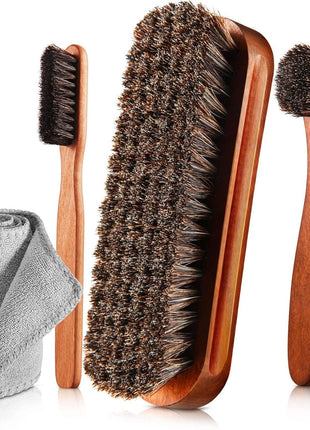 4 Pcs Horsehair Shine Shoes Brush Kit Polish Dauber Applicators Cleaning Leather Shoes Boots Care Brushes Suede Cleaner Brush with Microfiber Shoe Cloth(4 Pcs Style A)