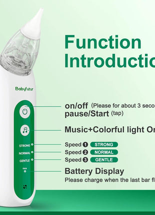 Babyfutur Electric Nasal Aspirator for Baby, Nose Sucker for Newborn Infants Toddlers with Adjustable 3 Suction Levels,3 Silicone Tips, Easy to Breathe & Reusable,Music Soothing Function