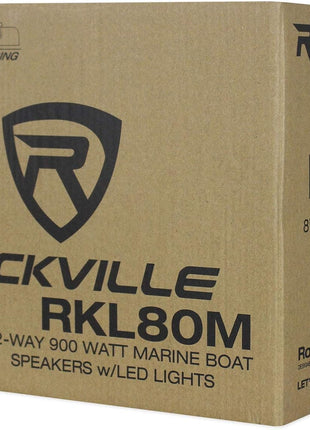 Rockville Pair RKL80MB 900 Watt 8-Inch 2-Way Marine Boat Speakers, IP66 Waterproof, Beat-Sync LED Lights, Rustproof Design, Perfect for Boats and ATVs