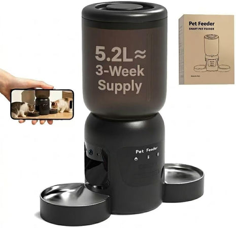 Automatic Cat Feeder with Camera, 5.2L Smart Cat Food Dispenser for Multi-Pet Homes, 170Â° Wide Angle Night Vision Auto Cat Feeder for Cats and Dogs, 5G WiFi App Remote Control for Busy Families, Black