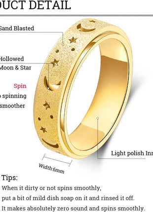 OreilleStar Anxiety Ring for Women Spinner Ring Stainless Steel Fidget Toys Adults Fidget Spinner Ring Fidgit Ring (Moon Star-Gold, 8)