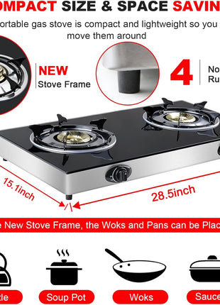 forimo Propane Gas Cooktop 2 Burners Gas Stove portable Tempered Glass Double Burners Stove Auto Ignition Camping Double Burner LPG for RV,Apartments,Outdoor