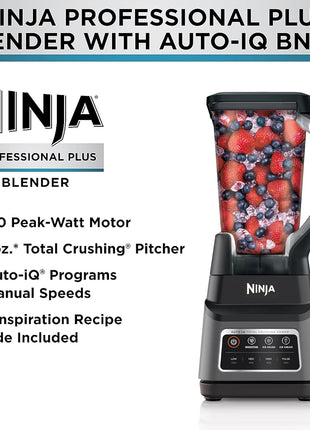 Ninja Professional Plus Blender, Auto-iQ, 1400W, 72oz Pitcher, BN701 | 1400 peak-watt motor, 3 Auto-iQ presets for smoothies, frozen drinks & ice cream. Total Crushing blades. Dishwasher safe.