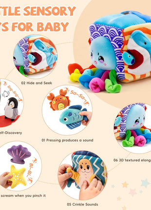Baby Toys 6-12 Months, Montessori Sensory Toys with 5 Plush Sea Animals | Soft Mystery Box with Crinkle,Squeaky,Rattle & Mirror for Fine Motor Play & Multi-Sensory Learning,Gifts for Infants & Babies