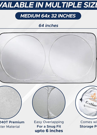 EcoNour Car Windshield Sunshade | Blocks 99% Heat & Keeps Interior Cool | Universal Fits Cars, SUVs, Trucks | Automotive Sun Screen, Visor & Car Accessories for Summer | Medium (64x32 Inches)