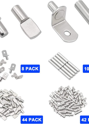 104Pcs Shelf Pins Kit,4 Styles Nickel Plated Shelf Support Pegs,Bookshelf Pegs for Shelves,Cabinet Shelf Bracket Pegs Shelf Pins Holders for Kitchen Furniture & Closet ( 5mm & 1/4inch )
